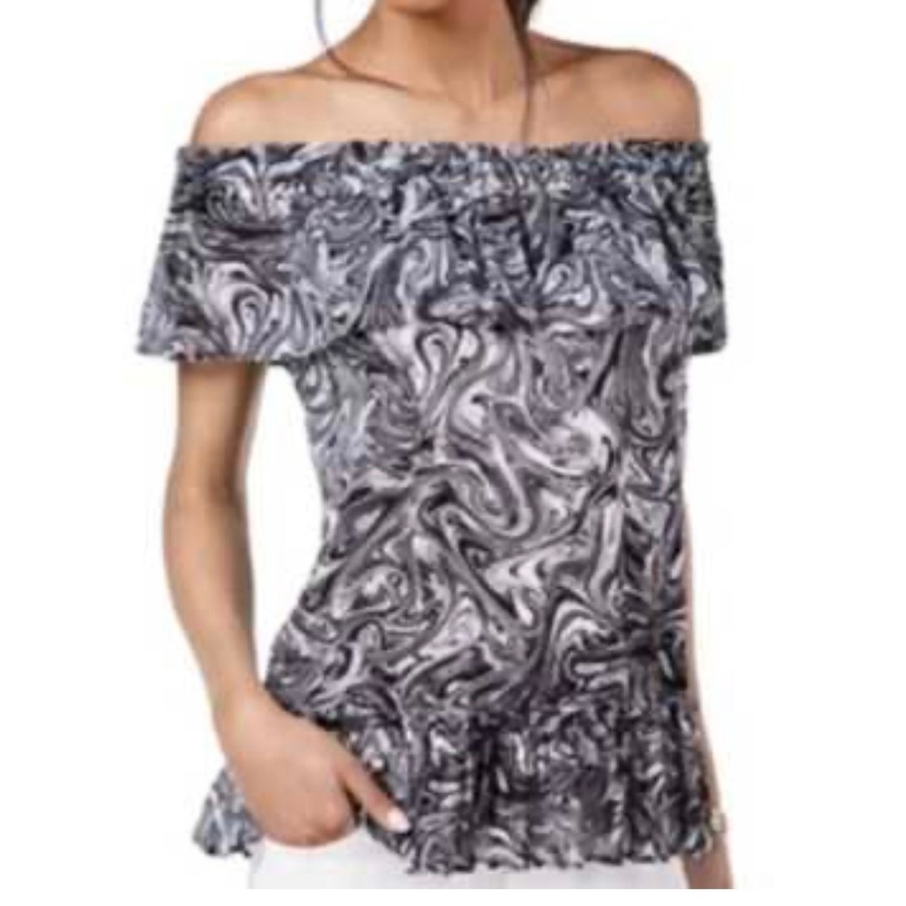 Michael Kors Off Shoulder Ruffle Top‎ Black White Swirl Print Blouse S NWT
